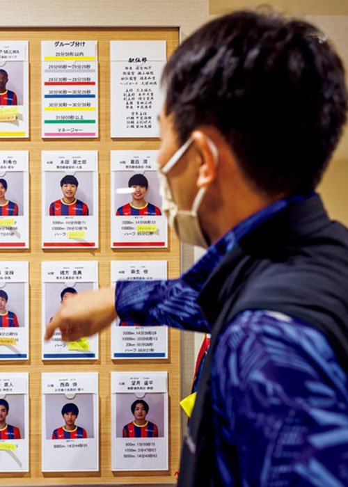 寮の入り口に掲げられたメンバー表はテープの色でグループ分けされており、持ちタイムで順番が入れ替わる。付箋の数が自己記録更新率の高さを物語る