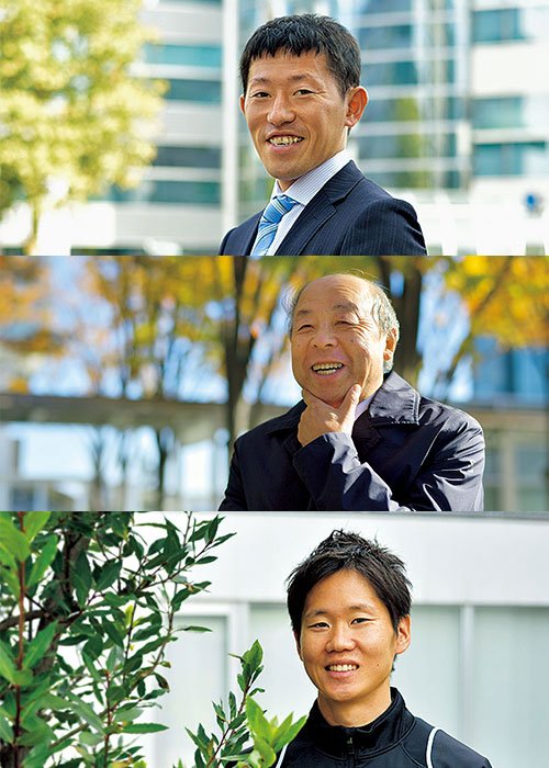 佐藤尚（中央）は今年3月にコーチ退任後も東洋大のサポートにあたる。MGCへの出場も果たした山本浩之（右）はコニカミノルタで、大西一輝（左）はカネボウで、ともに現役を続けている。