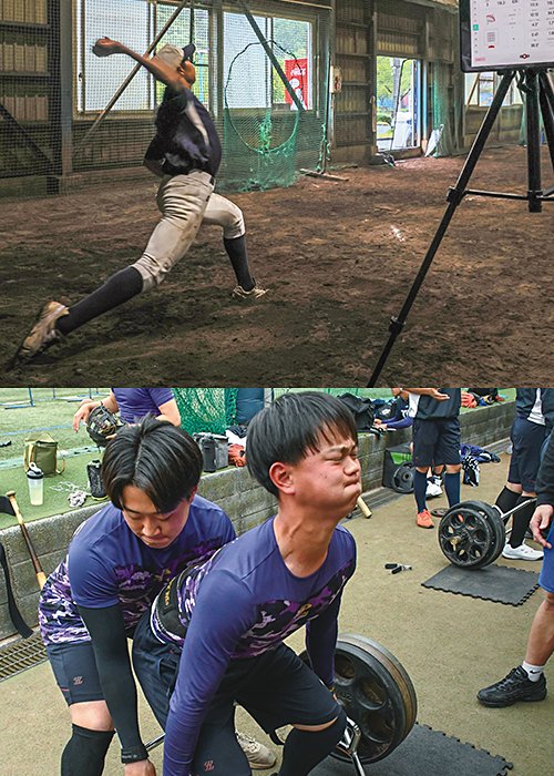 （左）背中、お尻、太腿裏の筋肉を鍛えるデッドリフトに取り組む藤嶺藤沢の選手たち。平均体重はこの2年で約10kg増えた ／ （右）立花学園では弾道測定分析機器ラプソードを活用するほか、スマホのスーパースロー動画で投球フォームを確認する