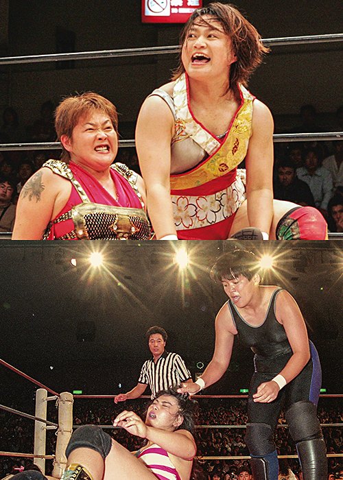 （左）全日本女子プロレス時代のライオネス飛鳥は、引退試合で立野記代と対戦（右）長与千種がGAEA JAPANでの引退試合で戦った相手は、愛弟子である里村明衣子だった