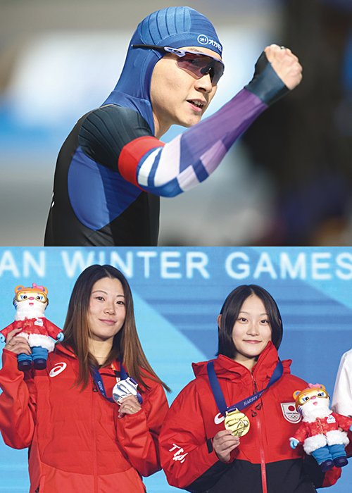 スノーボードハーフパイプ　（左）冨田せな（右）清水さら　／　スピードスケート男子　森重航